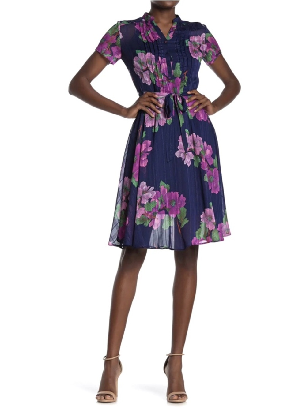 NWT Nanette Lepore Lenore Navy Blue Chiffon Floral A Line Dress